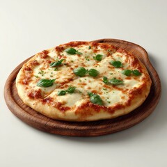 Round pizza with melted cheese and fresh basil.  Wooden platter