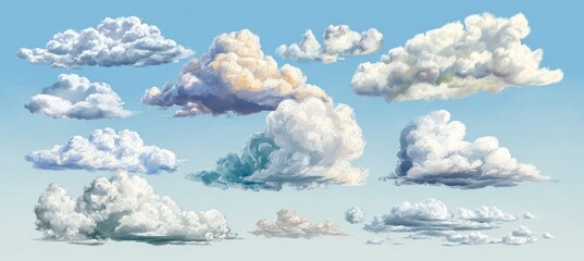 Collection of painted cumulus clouds against a light blue sky