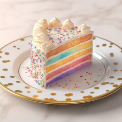 Rainbow layer cake slice on a speckled plate.  A vibrant rainbow cake slice, topped with swirls of frosting and sprinkles, sits on a white plate with gold polka dots.  