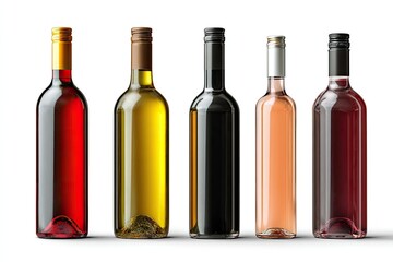 Five wine bottles in various colors,  isolated on white.  Different colored liquids,  gold, brown, black, silver, and black caps.  Empty bottle mockups