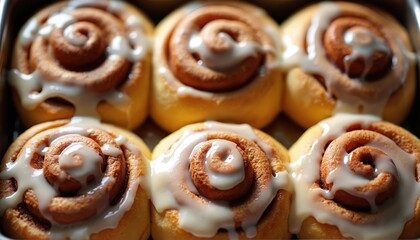 Irresistible cinnamon rolls, baked golden brown with sweet spice, gooey caramel icing. Fluffy buttery dough baked to perfection. Delicious homemade comfort food, warm aroma beckons. Perfect treat for