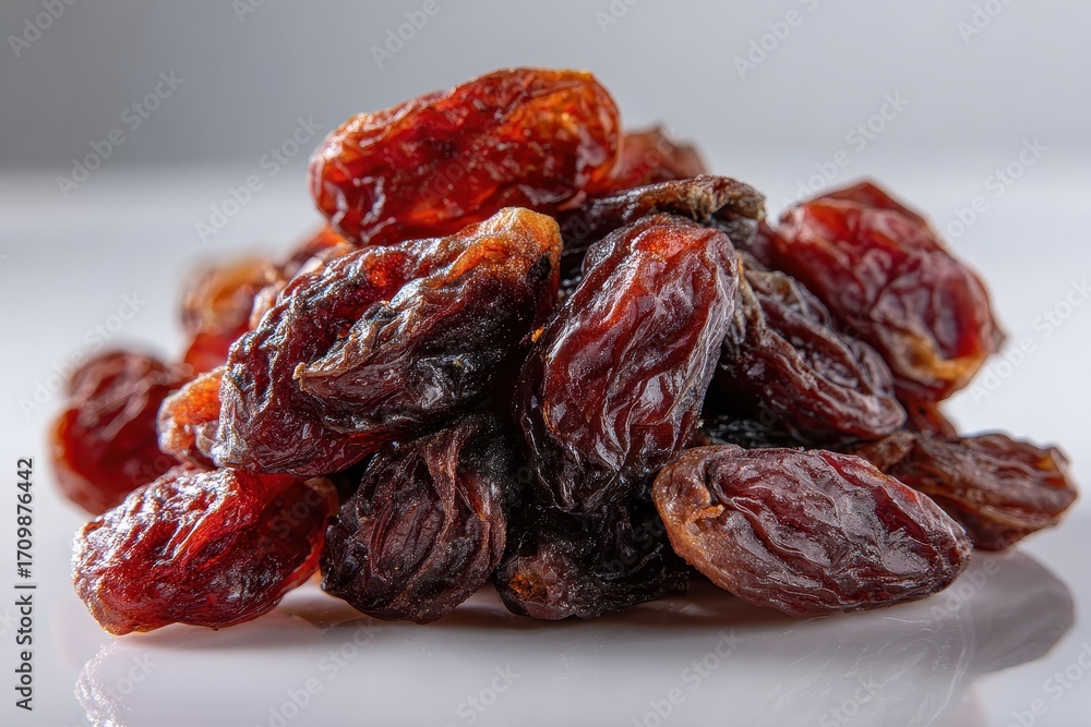 Poster dried raisins on white background showcasing the natural texture and color variation of the fruit in