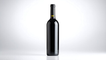 Full shot of a dark red wine bottle against a light gray background