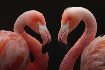 Two flamingos interact closely with their necks intertwined on a dark background showcasing their vibrant pink feathers and distinctive features