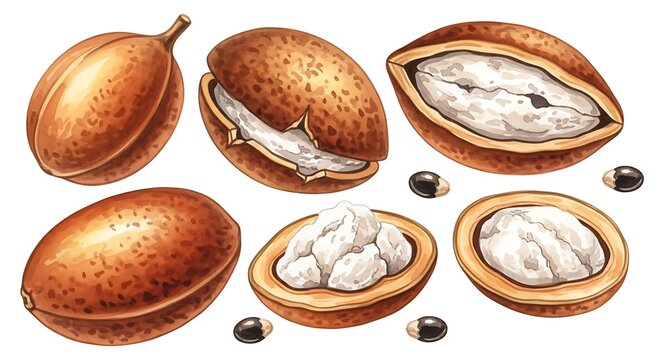 Hand-drawn illustration of various shea nut fruits, including whole nuts, opened nuts, and seeds, in warm brown and cream tones.