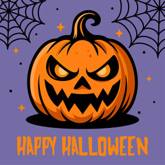 Spooky pumpkin face and webs on purple background-Happy Halloween.