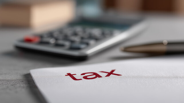 White card displays red "tax" text beside calculator and pen on desk.