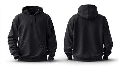 Front and back view of a plain black hoodie