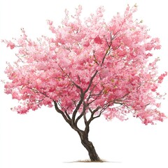 A vibrant, pink cherry blossom tree against a white background.  Delicate, blossoming flowers adorn a full, spreading tree. 