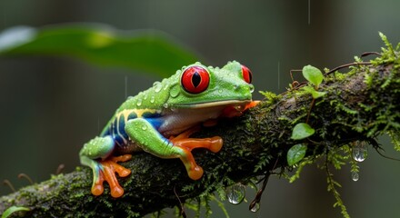 Fototapeta premium Intense Gaze of a Vibrant Red-Eyed Tree Frog on a Dew-Kissed Mossy Branch.