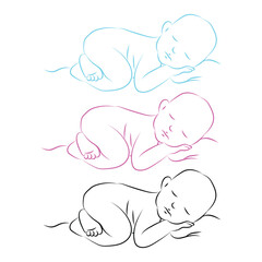 Sleeping babies outline illustrations in blue, rose and black colors