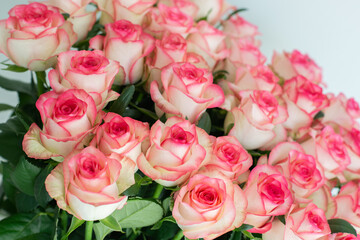 Beautiful bouquet of fresh pink roses with delicate petals, arranged closely together. Romantic floral background perfect for weddings, Valentine’s Day, anniversaries, and special celebrations