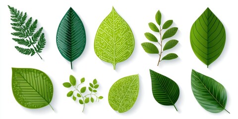 Collection of various vibrant green leaves, fern, and branches, displayed flat-lay on a white background. Detailed and intricate leaf designs, showcasing different shapes and textures