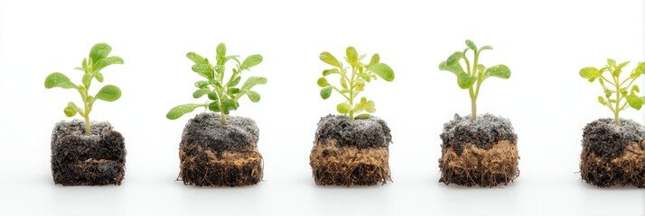 Stages of plant growth.  Four small plants in various stages of growth are visible in individual square containers of soil against a plain white background.  