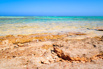 Obraz premium Crystal clear water in Egypt, Marsa Alam. Red Sea coast, Africa. Holidays by the turquoise sea.