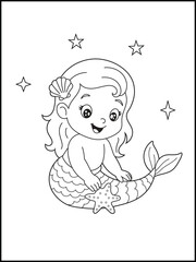 Cartoon Mermaid  Holding Starfish. Easy Coloring Page for Toddlers. Black and White Line Art for Kids' Fantasy-Themed Coloring Pages and Ocean Education