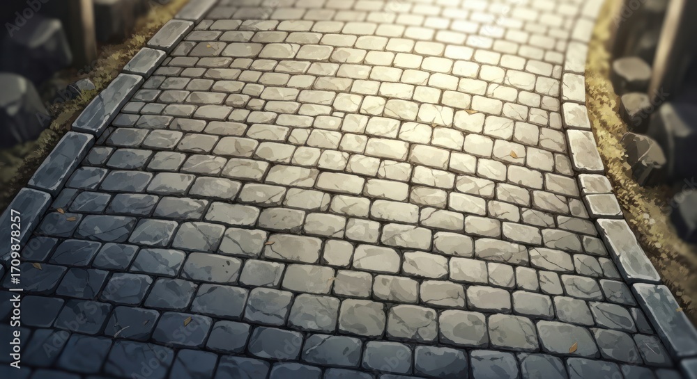 Poster a detailed close-up view of a cobblestone pathway, showcasing intricate patterns of weathered stone,