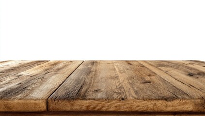 Close-up of a weathered wooden tabletop against a white background.  Wooden planks, varying shades of light and dark brown, create a rustic, natural look.  