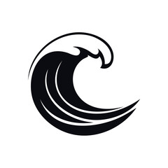 Obraz premium Black and white graphic illustration of a stylized ocean wave cresting with curved lines, isolated on a white background.