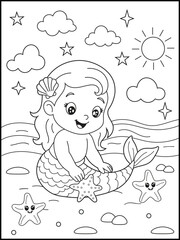 Adorable Mermaid with Starfish on the Beach Coloring Page. Black and white Cute Ocean Fantasy Illustration for Kids