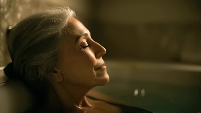 Elderly woman relaxing on the bathtub after an exhausting day, in bathroom relaxing and peaceful. Enjoying pampering spa moment lifestyle	
