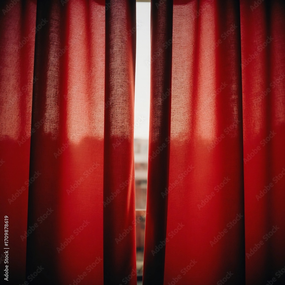 Poster bright red curtains are partially opened, letting soft morning light filter through. the scene outsi