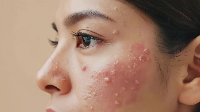 Woman with redness or acne of the skin on the face, acne problem, diathesis or allergy symptoms. Dermatological disease acne, skin problems concept	