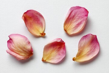 Delicate, dried rose petals arranged on a white surface.  Five faded, pale pink and peach-toned petals are displayed in a loose, circular pattern against a crisp white background.  