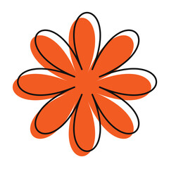 Solid orange flower symbol framed by loose black lines. Bold and minimal with retro doodle appeal...