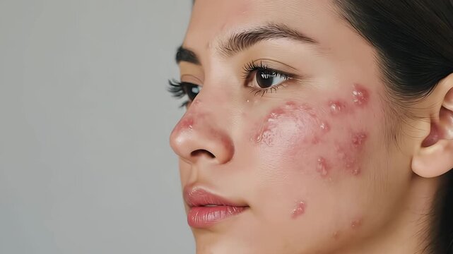 Woman with redness or acne of the skin on the face, acne problem, diathesis or allergy symptoms. Dermatological disease acne, skin problems concept	