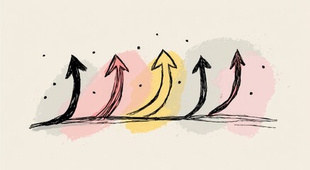 Abstract graphic with four upward-pointing arrows,  rendered with hand-drawn lines and colors on a muted background.  Arrows are varying shades of red, yellow and black.