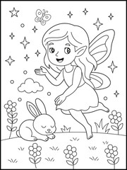 Magical Fairy and Bunny in a Flower Garden Coloring Page for Children. Whimsical Fantasy Illustration for Kids and Adults.