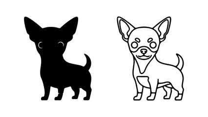 Chihuahua dog silhouette and outline illustration on white background.