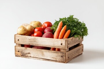 Wooden crate filled with assorted fresh vegetables.  Potatoes, tomatoes, carrots, and beets are nestled within the rustic crate against a plain white background