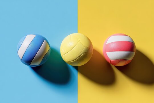 Colorful volleyballs arranged on a split background showcasing sports equipment and playful vibes in a bright setting - Powered by Adobe