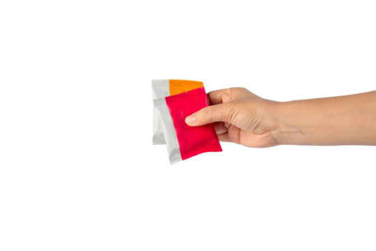 Plastic bag snack packaging and hand holding isolated on transparent background