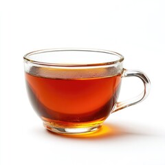 Clear glass teacup filled with amber-colored tea, viewed from the side, against a white background