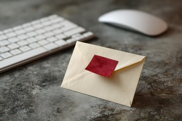 Sticky note with red text about email placed beside a keyboard and mouse on a textured surface in a modern workspace