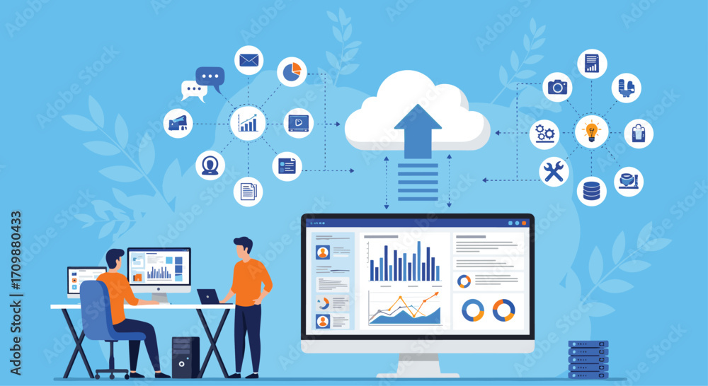 Poster team collaborating on cloud data analytics digital transformation strategy