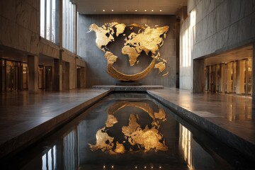 Golden world map sculpture reflects in water at the United Nations headquarters during daytime in New York City, showcasing international collaboration and peace efforts