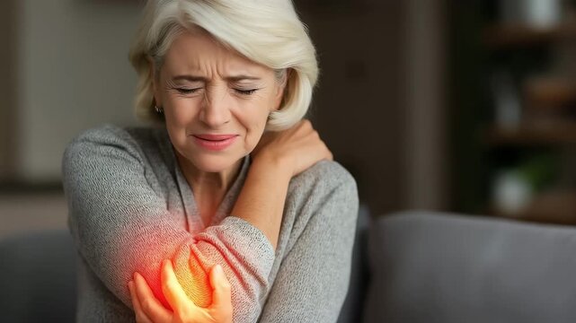 Suffering senior woman gripping inflamed elbow, experiencing joint pain, suffering from elbow bone pain. Health care and medical concept	
