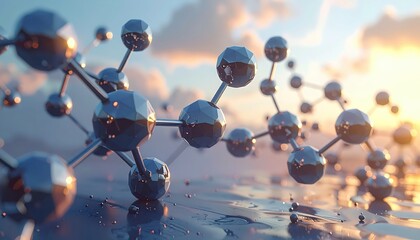 A 3D illustration of intricate molecular structures, showcasing complex atomic bonds against a serene backdrop of soft, natural light and tranquil colors.