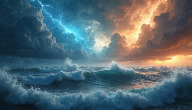 Epic clash titans sea sky amidst storm-tossed waves, swirling clouds. Lightning bursts illuminate dramatic ocean scene. Powerful nature forces in conflict, celestial battle.