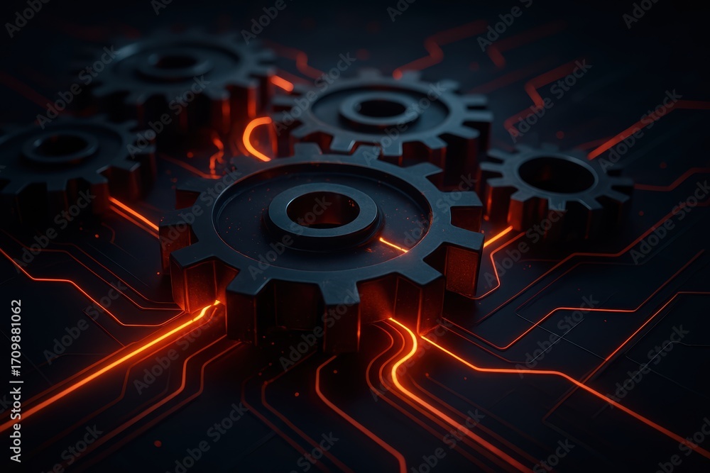 Aufkleber technological cogwheel harmony: a close-up view of several cogwheels interlock harmoniously upon a c