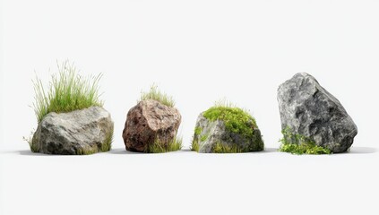 Four rocks, various shades, with grass and moss