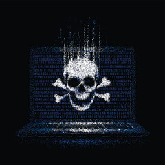 벡터 스타일 해골과 뼈 이미지, 컴퓨터 화면, 바이너리 코드 배경