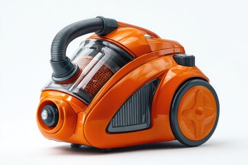 Fototapeta premium Orange canister vacuum cleaner, angled view, against white background