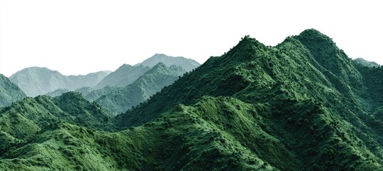 Lush green mountains range against a white background