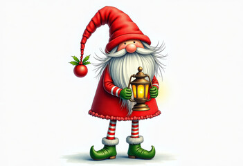 cute christmas gnome in red hat with long white beard holding glowing lantern festive holiday character illustration perfect for greeting cards decorations winter celebration designs and seasonal art
