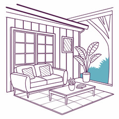 Vector art of charming outdoor living space with a cozy sofa, coffee table, and lush plants, creating a serene and inviting atmosphere for relaxation and enjoyment of nature